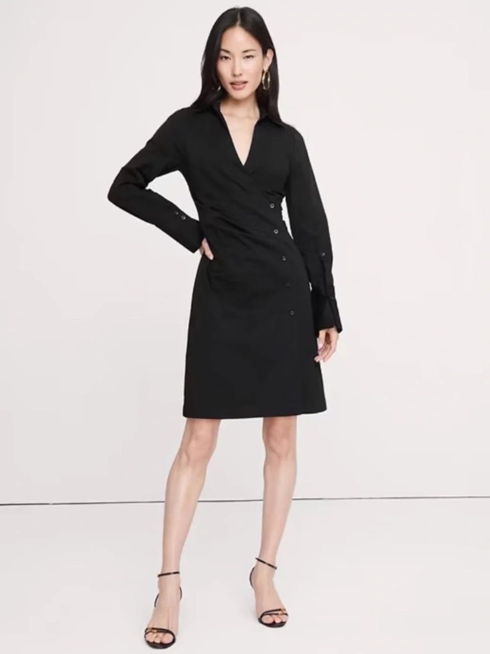 NW BANANA REPUBLIC STRETCH-COTTON RUCHED MINI SHIRT DRESS // BLACK